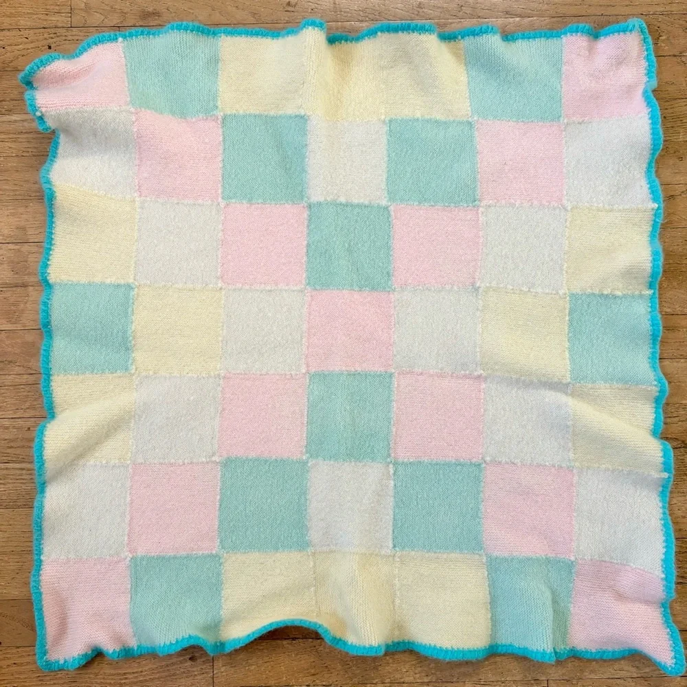 Handmade Crocheted Checkered Patchwork Pastel Baby Blanket